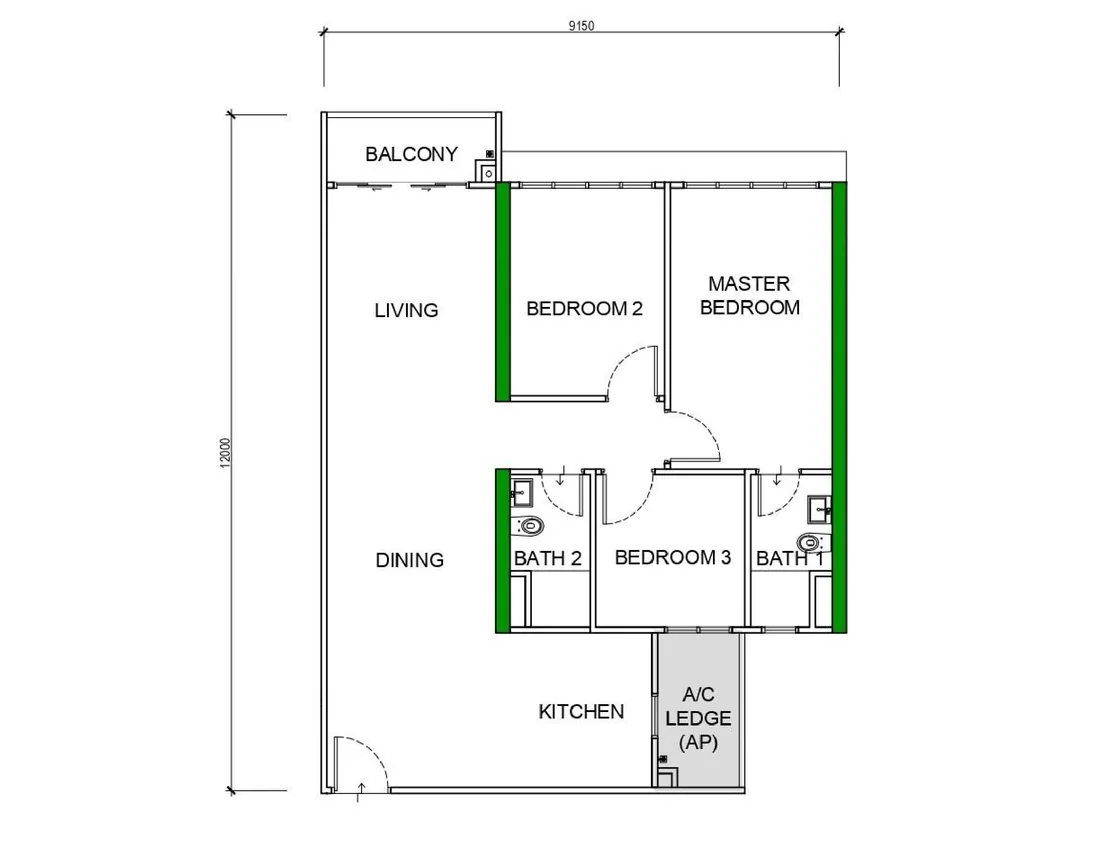The Pier Type A 1,044 sqft 3-bedroom floor plan