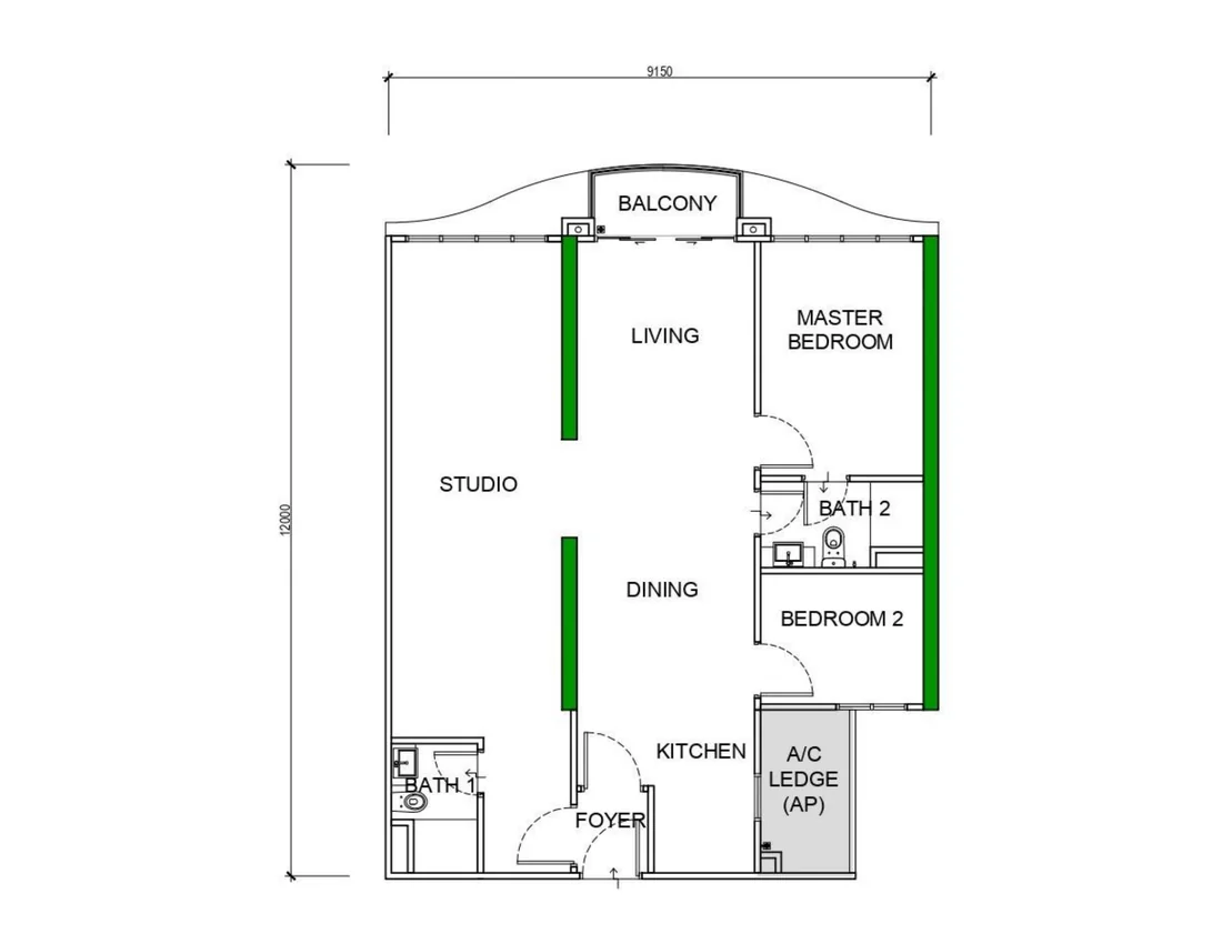 The Pier Type A1 dual-key 1,044 sqft floor plan